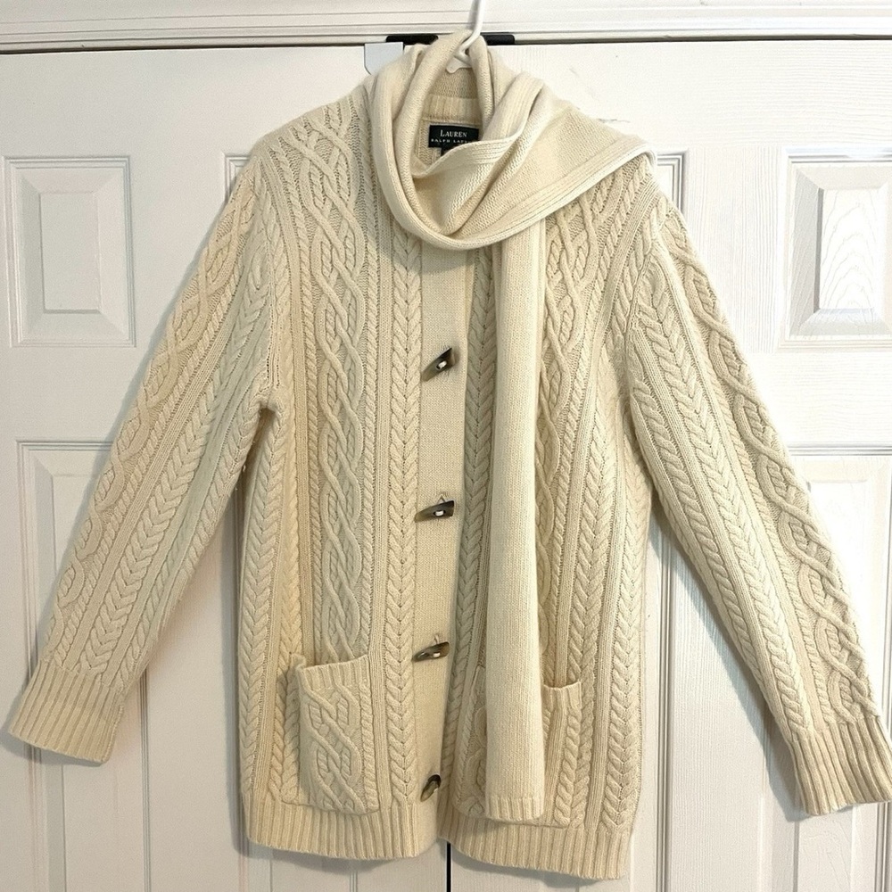 Ralph Lauren merino wool and cashmere blend Cream Cable Knit Cardigan with Scarf
